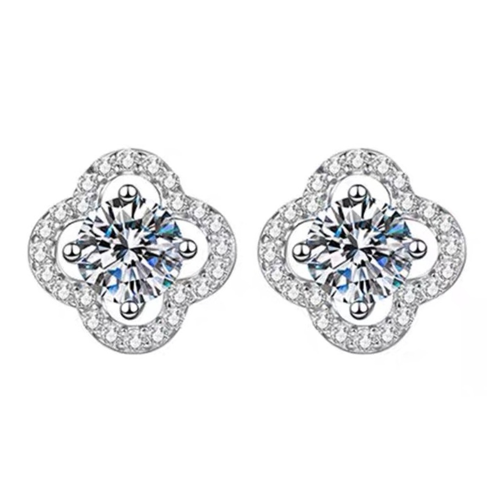 Clover Moissanite Earrings 0.5CT, silver and PT950, 1cm×1cm